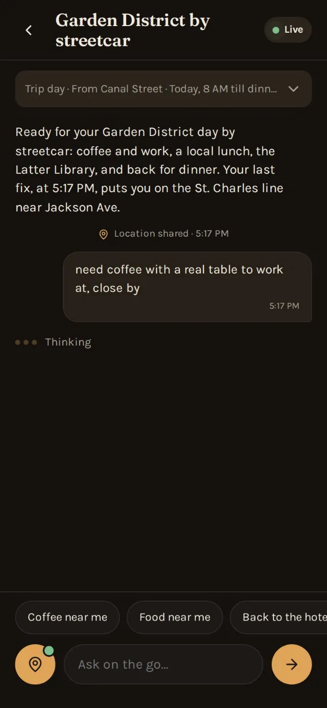 A question sent: need coffee with a real table to work at, close by