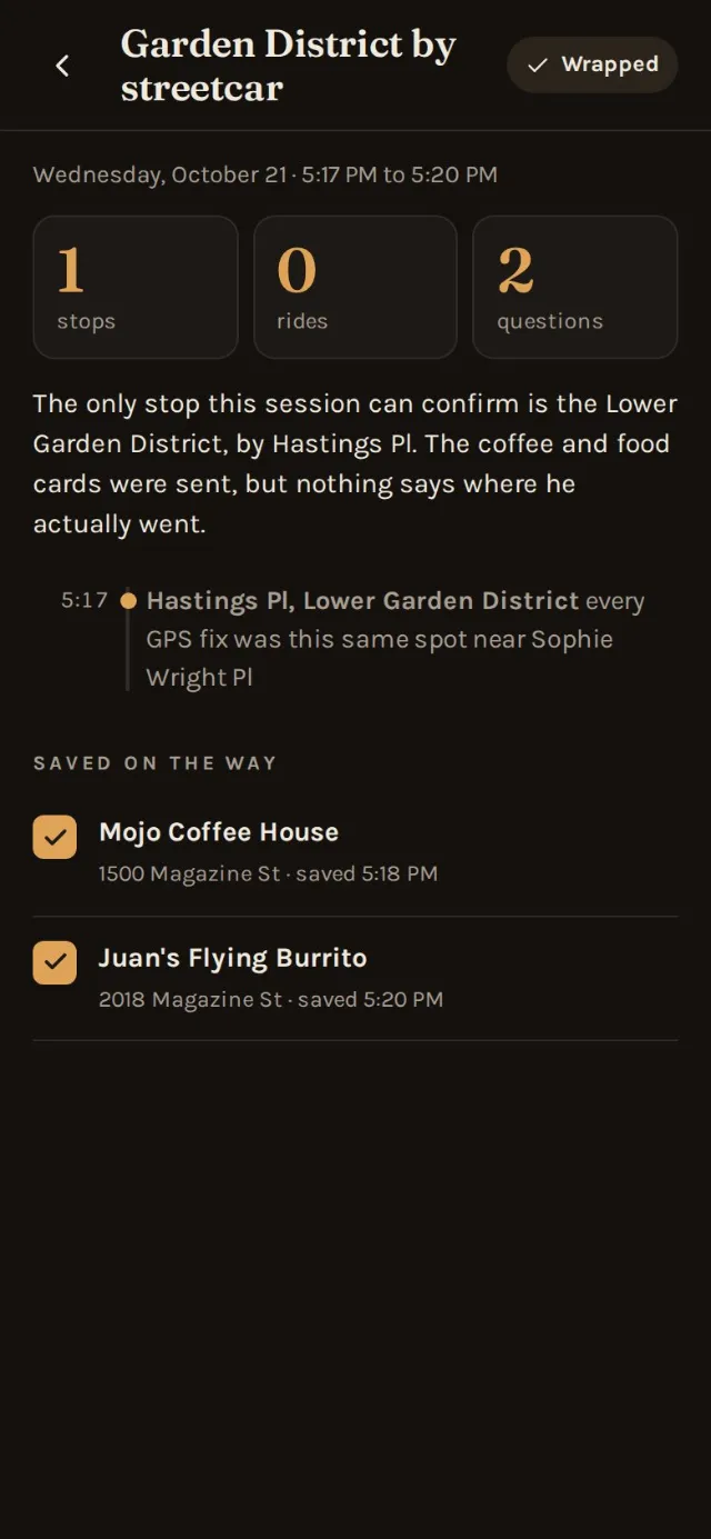 A wrapped Go: stops, rides and questions, the summary, the places saved, and Save to the trip page